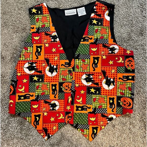 Vintage 90s Basic Editions Halloween Witch Black Cats Bats Jack O Lantern Vest - Picture 2 of 6